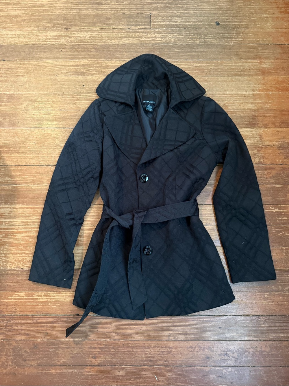 Cynthia Rowley Black Quilted Belted Peacoat Jacket Size Small